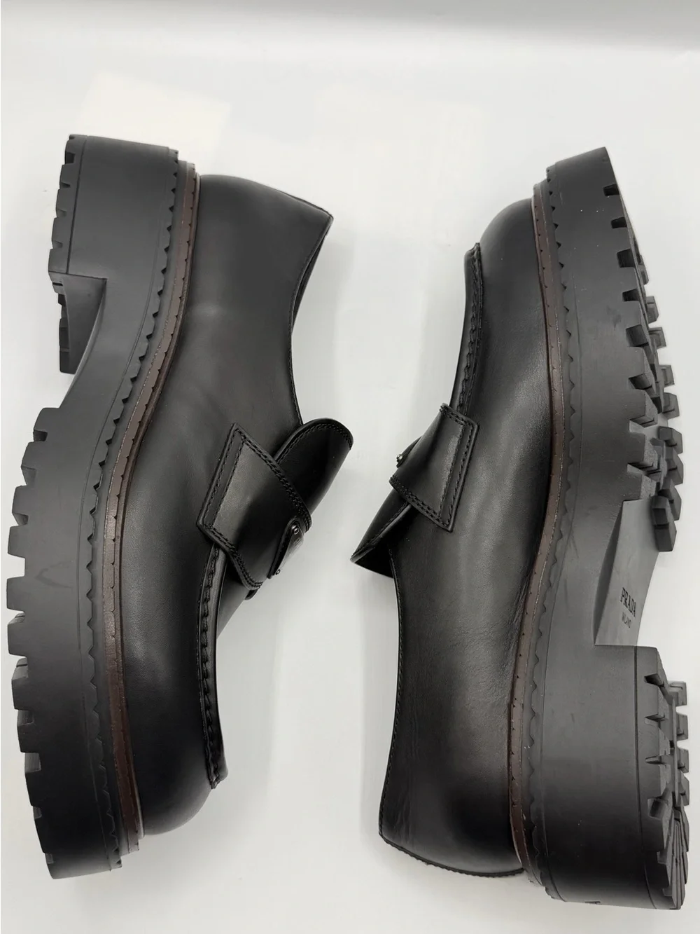 NIB Prada Triangle Logo Black Leather Double Chocolate Rubber Lug Sole Loafers